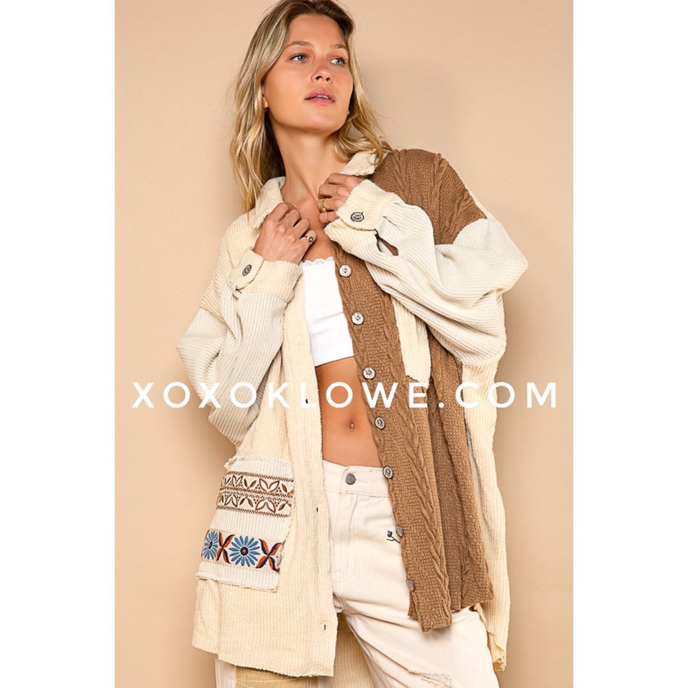 POL Cream Tan Mixed Knit Cardigan | Southwestern Patch Button Down